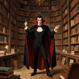 dracula in a giant library, illustration in the style of j. c. leyendecker