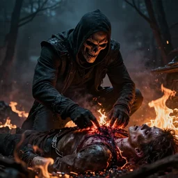 the grim ripper contemplating his work after harvesting the soul of the living. fire all around. realistic, high detail