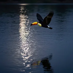a toucan flying above a lake and reflection on the lake surface, midnight, lake, reflections, dark, mystery, wavy lake, moon light