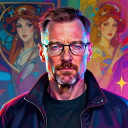 portrait of walter white, by etam cru, cyberpunk color, colorfull rimlight, by alphonse mucha, by surudenise, beautiful, epic camera, colorful background, refraction and reflexion, digital painting, dynamic colors, artstation, graffiti, neon