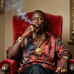 african geert wilders wearing a silk shirt and many gold rings and necklaces, sitting in a red plush throne and smoking a cigar, 8 k, hdr, great light, gustave courbet, annie leibowitz