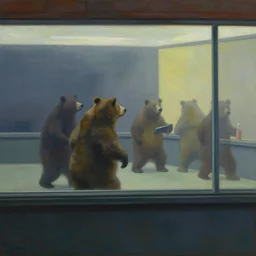 painting, view from inside edward hopper's painting nighthawks, of a group of werebears robbing a bank, foggy