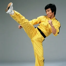 a kick by Bruce Lee wearing a yellow jumpsuit by Yoji Shinkawa and Ashley Wood