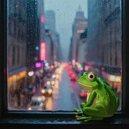 a ultra photorealistic film still trough a raincovered window on a rainy but colourful day in new york. sparkling lights, wide shot, frog perspective, ultra sharp, wes anderson, studio ghibli, pixar and disney animation, octane render, anime key art by greg rutkowski, dramatic lighting, award winning photography