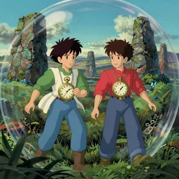 hyperrealist, studio ghibli dull colors portrait from close encounters of the third kind 1 9 7 7 of two multi - colored pocketwatch scientists swaying in a jungle bubble monument valley stonehenge.