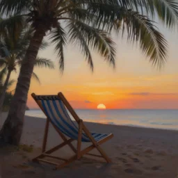 painting of a beach chair at sunset under palm trees, natural light, concept art, by greg rutkowski, cozy atmospheric and cinematic lighting