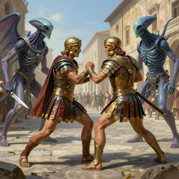 a highly detailed matte painting of a roman gladiator in a life and death duel with two extraterrestrials ion a roman street, 1 0 0 ad, in the style of greg rutkowski and remedios varo, ultra realistic, detailed, intricate, full of color, 4 k, hyperrealistic, focused, extreme details, masterpiece