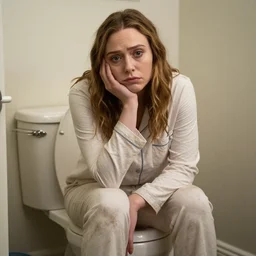 Elizabeth Olsen sitting on the toilet in a dirty pyjama, bored face expression, highly detailed, realistic