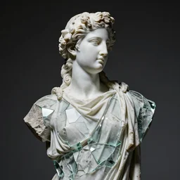 “Apollo statue made of huge pieces of shattered glass, detailed but rough, 4k photo, great light and shadows”
