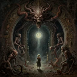 a lovecraftian painting of a demonic portal to another dimension, cosmic horror elements, ultra realistic, concept art, intricate details, eerie, highly detailed, photorealistic, octane render, 8 k, unreal engine. art by artgerm and greg rutkowski and alphonse mucha