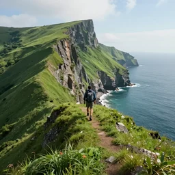 a hyper detailed photo of walking across a summit of a beautiful green clifs by the sea, sea, photorealistic, unreal engine 5, 8 k post production, cinematographic, ray tracing, v - ray, octane render, go pro, artstation trending, concept art
