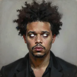 a demonic horrific portrait of the weeknd, white eyes, bored, illustration, soft lighting, soft details, painting oil on canvas by edmund blair leighton and charlie bowater octane render, hdr, trending on artstation, 4 k, 8 k, hd