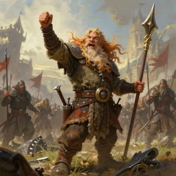 a detailed and very colorful portrait of a dwarf with flowing hair standing victorious on the battlefield, dndart, fantasy portrait, 4 k, hires, art by jack davis and lucian freud