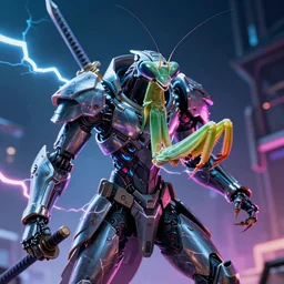wide shot, photo of a mantis head, a huge humanoid mantis-man with a katana, in a heavy futuristic armour without a helmet, hyper realistic, hyper detailed, coherent photo, trending on artstation, cyberpunk, Japanese style, volumetric lightning, neon, electric colours, Cinematic, Dramatic, Film Grain, Kodak Portra, Depth of Field, 15 mm octane render, 4k, raytracing, blender