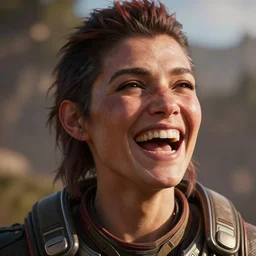 close up of Alloy from Horizon Zero Dawn, beautiful lighting, laugh, embarrassed