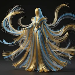 long, flowing cloaks made of millions of thin ribbons and threads of translucent gold and blue that are twisting, swirling, unraveling, and pulling apart into many vast webbing structures, unreal engine