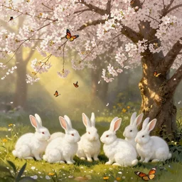 A group of white bunny rabbits under the cherry tree, butterflys in golden light, Zdzisław Beksiński
