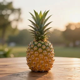 a macro photo of a pine apple on a wooden table at sunrise, hyperrealistic, some trees in the background, dof, octane render, unreal engine 5, trending on artstation, high quality, highly detailed, 8 k, soft lighting, path traced, beautiful, harmonious, complementary colors, serene scene, bloom, godrays, concept art
