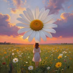 giant daisy flower as head, girl standing in a flower field, surreal photography, sunrise, dramatic light, impressionist painting, colorful clouds, digital painting, artstation, simon stalenhag