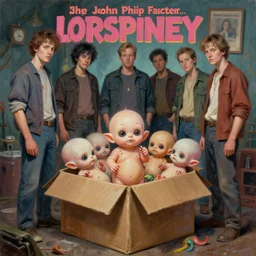a group of people standing around a cardboard box full of tentacled alien babies, an ultrafine detailed painting by john philip falter, shutterstock, american scene painting, movie still, concert poster, poster art