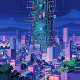 a japanese city near the sea, lofi, dreamy, moody, very colorful, anime inspiration, ghibli vibe, very pixelart, hd, geometry, glitches, cybernetic, motherboard, technical, abstract