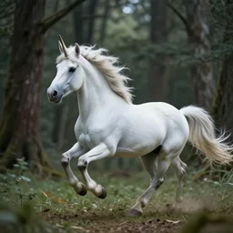unicorn running in a forest, shallow depth of field, moody lighting, 8 k, concept art,