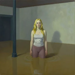 painting of Elle Fanning in a flooded house, by Edward Hopper