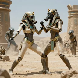 big budget scifi movie set in ancient egypt female cyborg in rubber and gas mask fighting with extraterrestial