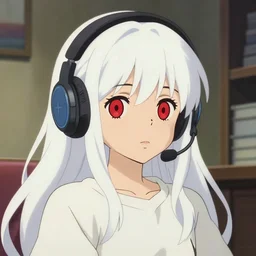 anime visual of a cute girl, with + ( ( red eyes ) ) + long white hair + ( ( wearing a headset in her room interior ) ), poster by studio ghibli, akihiko yoshida
