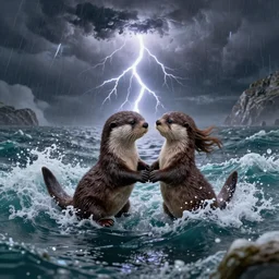 An adorable Otter saving his wife from the whirlpool, in love holding hands side by side, in the middle of a super scary storm at sea, thunder, lightning, waves, fantasy illustration, cinematic, award winning, romantic, detailed trending on artstation, masterpiece