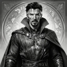 doctor strange, masculine, mature, handsome, upper body, grey and silver, muscular, hairy torso, fantasy, intricate, muscular, elegant, highly detailed, digital painting, artstation, concept art, smooth, sharp focus, illustration, art by gaston bussiere and alphonse mucha, black and white