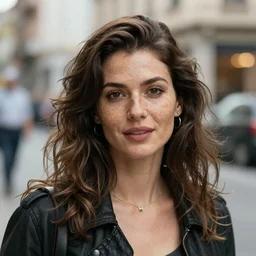 Mid-shot portrait of a beautiful 30-year-old woman from Moldova, with freckles and wavy hair, candid street portrait in the style of Mario Testino award winning, Sony a7R