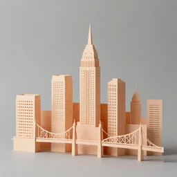 A beautiful kinetic sculpture of a cityscape with tall spires and delicate bridges. papercraft, apricot by William Zorach shocking, peaceful