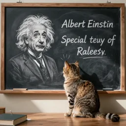 a cat on writing with chak on a blackboard, teaching albert einstein his special theory of relativity