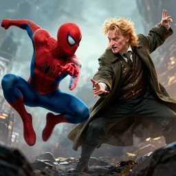 spiderman versus dumbledore, spiderman fighting dumbledore in battle, epic dramatic wallpaper, trending on artstation