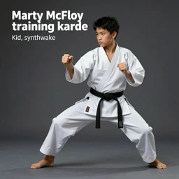 “Marty McFly training karate with karate kid, synthwave”