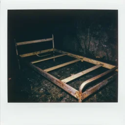 a rusty bedframe, dark, murky water, underwater, old polaroid, expired film,