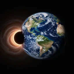 Realistic photo of a black hole absorbing the planet Earth, side view