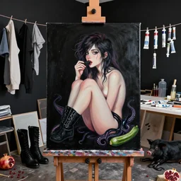 realistic painting of a black painted canvas, on an easel in a messy artist's studio with black walls, female emo artist eating blackberries, paint tubes, clothes hanging up to dry, high black boots, pomegranate, a black pig, courgette, black octopus, sensual, acrylic and oilstick on canvas