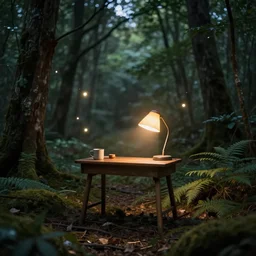 A small desk with desklamp in the middle of a forest, floating lights, magical, by Rebecca Guay