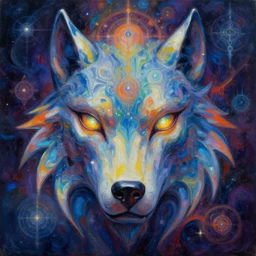 electricity and rgb pc build future tech astral wolf mask oil painting of abstract surrealist forms by yvonne mcgillivray by mandy jurgens by michael divine, powerful eyes glowing highly detailed painting, spiritual abstract forms, symmetrical, trending on art station, abstract emotional, very beautiful, fantasy digital art, highly detailed patterned visionary art, magic symbols, by michael divine, cosmic nebula
