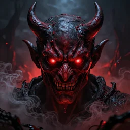 a menacing and scary devil face,red and black and luminous with bloodshot eyes against a hellish background with a lot of smoke, darkart, hyperdetailed, hyperealistic, cinematography, 16k,3D, Artstation, very beautiful