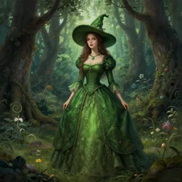 beautiful cottagecore witch wearing a beautiful green dress, intricate, magical forest, stunning, highly detailed, digital painting, artstation, concept art, smooth, sharp, focus, illustration, art by artgerm and greg rutkowski and alphonse mucha