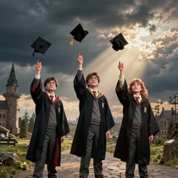 Harry, Ron and Hermione graduate university, as they throw their caps in the air, photography