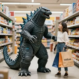 godzilla shopping in a store with the help of a robot, kinetic art