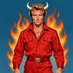paul newman is a handsome devil, red jumpsuit, horns, flames, vintage illustration