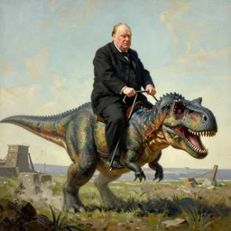 Winston Churchill riding a T-Rex, painting by Jean Giraud