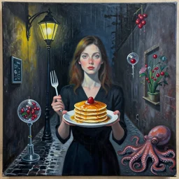 a portrait in a dark laneway, a woman holding pancakes, streetlamps, rain, berries dripping, scientific instruments, ikebana, octopus, neo - expressionism, surrealism, acrylic and spray paint and oilstick on canvas