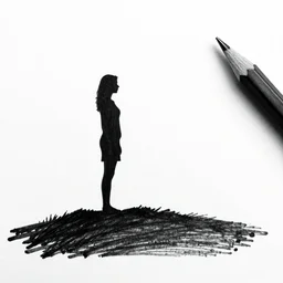 pencil black and white profile sketch of woman in silhouette atop a hill overlooking a green expanse with a yellow-blue sky