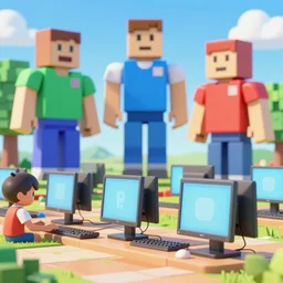 photo of kids with computers outside in the sun, large roblox shapes floating all over, bright colors